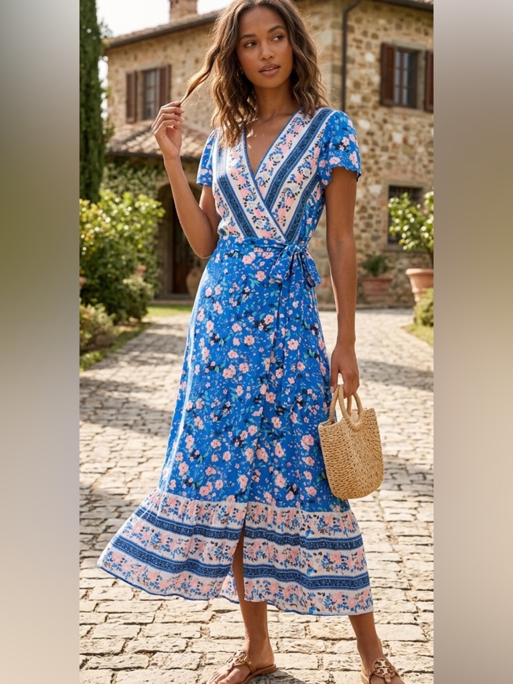 Blue Floral Wrap Maxi Dress with Tie Waist